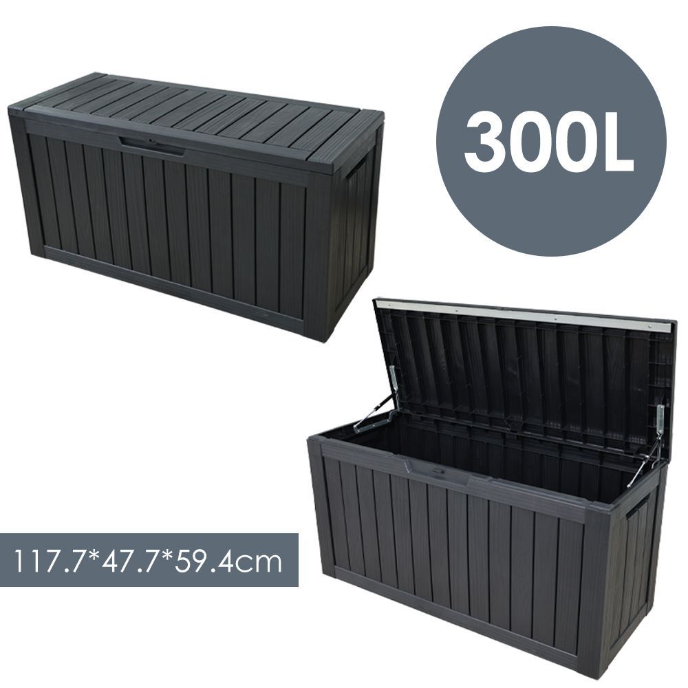 300L 117.7*47.7*59.4cm 油圧シリンダー付き 物置 屋外 収納ボックス ブラック ブラウン 収納庫 小型 置き配 ストッカー 物置 屋外収納庫 ベランダ ボックス 収納 大容量 アウトドア