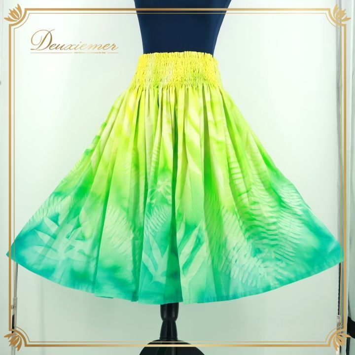 フラダンス 衣装 パウスカート グリーン系 ボゾ BOZO ホヌ柄 グラデーション 黄緑 黄 緑 エメラルドグリーン 手染め ハワイアン アロハ 華やか 鮮やか ハワイアンプリント イエロー系