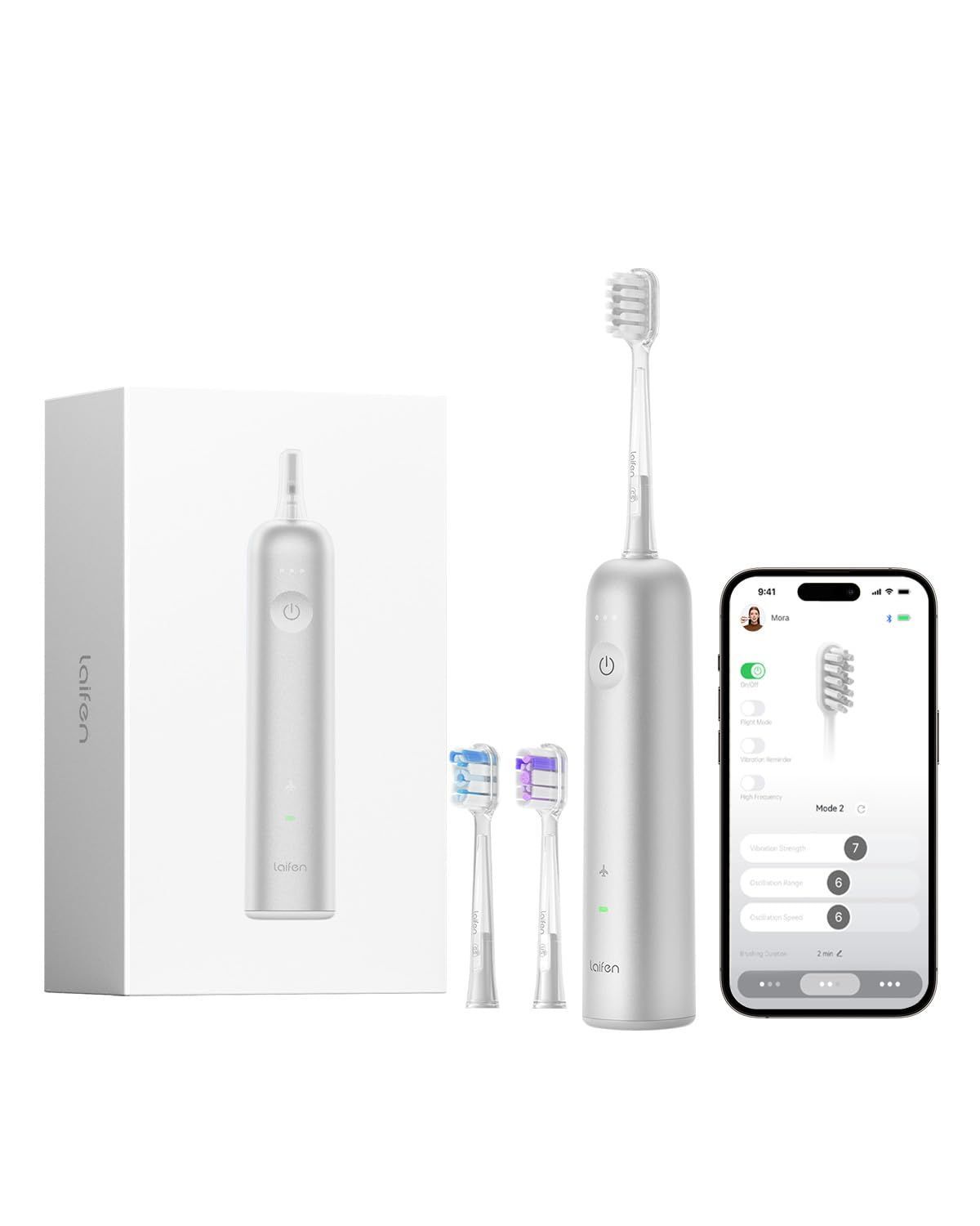 マグネット充電 IPX7防水性能 3種類のブラシヘッド付き 音波電動歯ブラシ 旅行用電動歯ブラシ 二重の振動 大人向けのオシレーション＆バイブレーション電動歯ブラシ シルバー 電動歯ブラシ アルミニウム合金 alloy Wave Laifen
