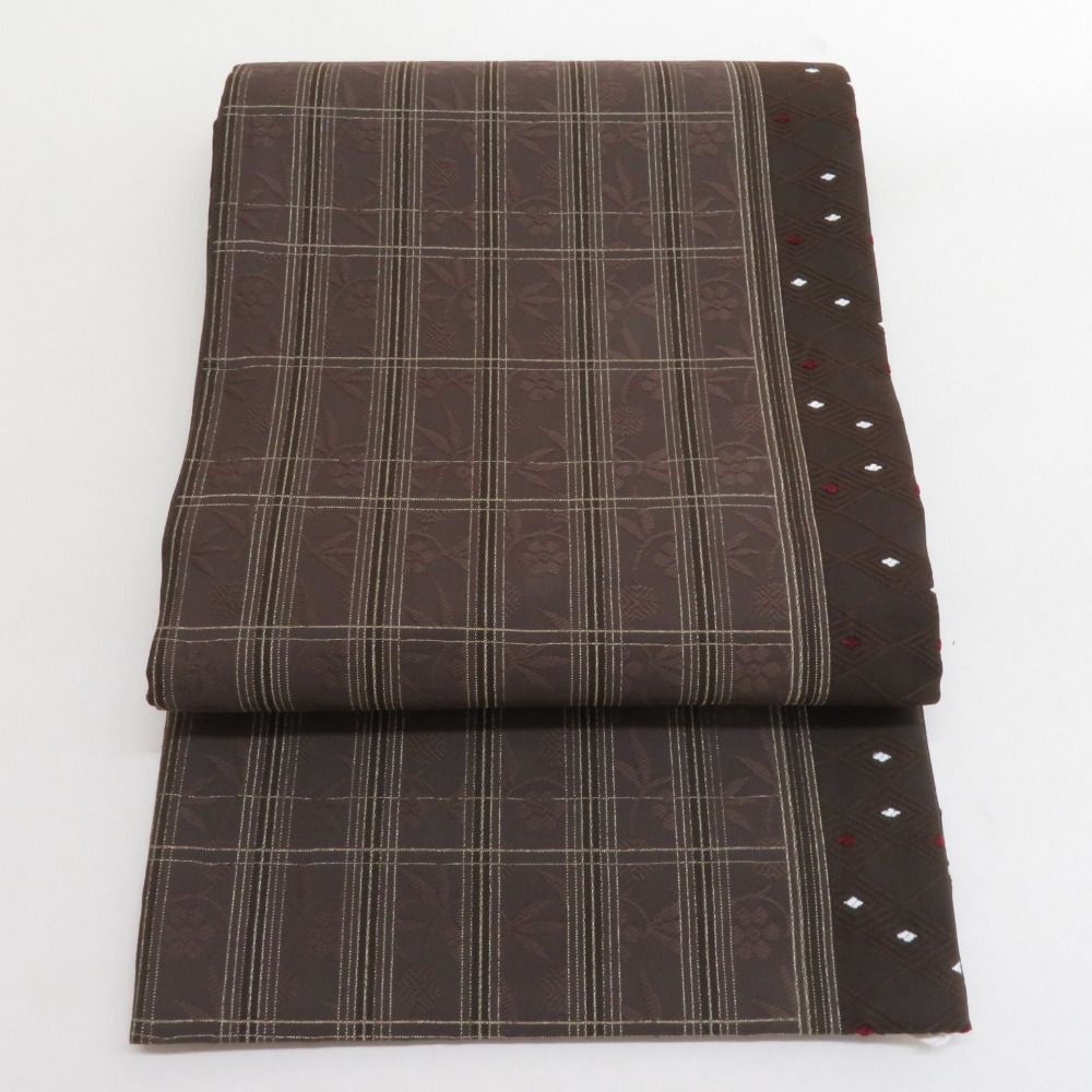 袋帯 松竹梅唐草 正絹 茶色 六通柄 仕立て上がり カジュアル 着物帯 長さ436cm 【キモノオフ野々市若松店】 袋帯 松竹梅唐草 正絹 茶色 六通柄 仕立て上がり カジュアル 着物帯 長