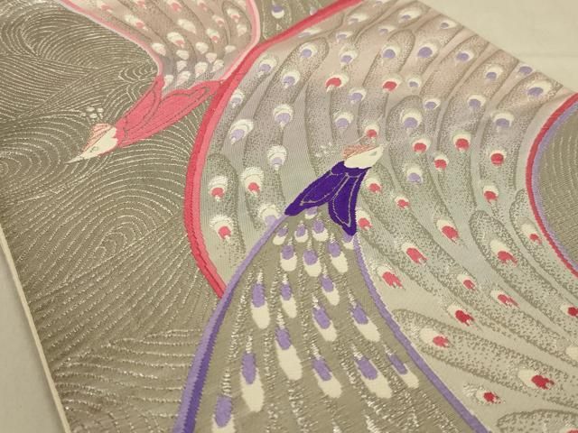 平和屋着物◎六通柄袋帯 プラチナ箔二重織 孔雀文 銀糸