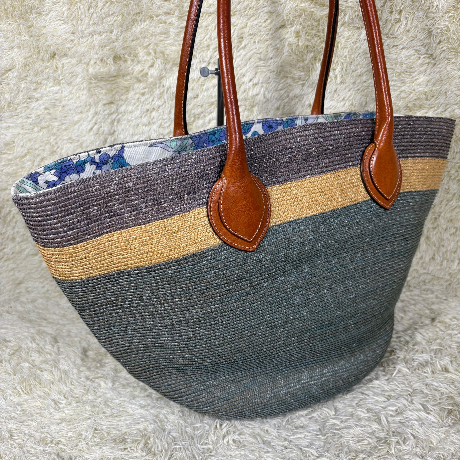 エミリオプッチ かごバック ショルダーバッグ ラフィア レザー ゴールド金具 ブルー 花柄ライニング Emilio Pucci Raffia Shoulder Bag Leather Trim G Hardware Blue Floral Lining