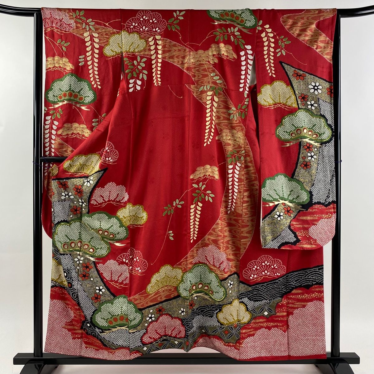 振袖 身丈156cm 裄丈64.5cm M 袷 松 几帳 金糸 絞り 赤 正絹 名品 【 