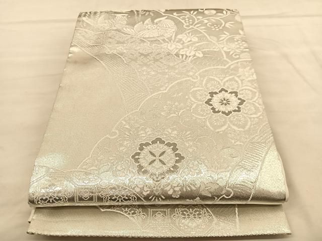 平和屋着物◎六通柄袋帯 唐織 プラチナ銀箔二重織 鴛鴦雪芝花文