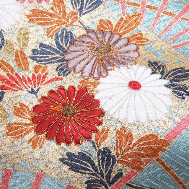 訪問着 着物 中古 正絹 袷 金駒刺繍 作家物 落款 花の図 扇子 地
