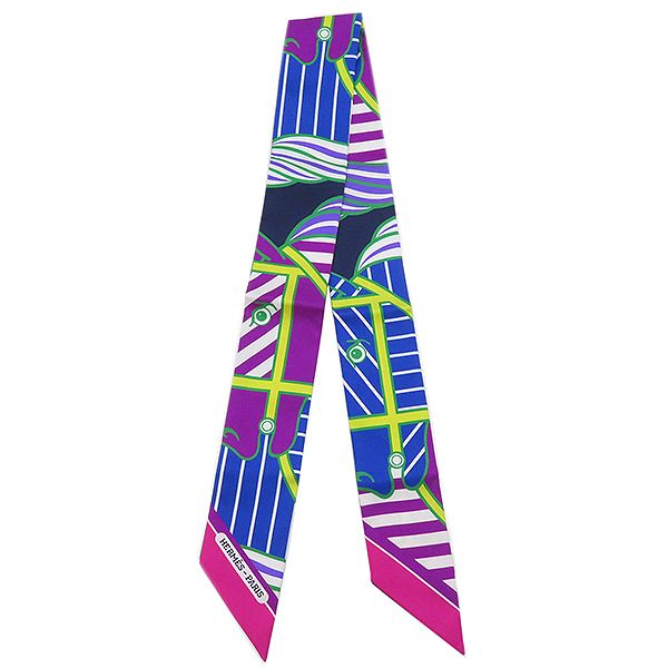 エルメス HERMES ツイリー フューシャ×ブルー×ジョーヌ リボンスカーフ  