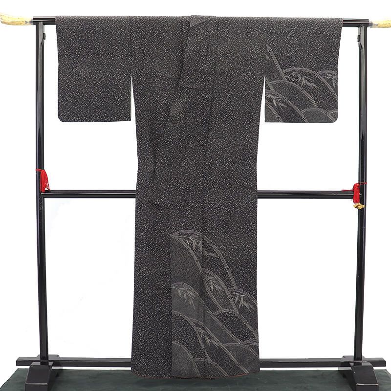 付下げ 袷 レディース 正絹 黒 霰文 笹 垣根柄 身丈163cm 裄丈66cm パーティ Mサイズ相当