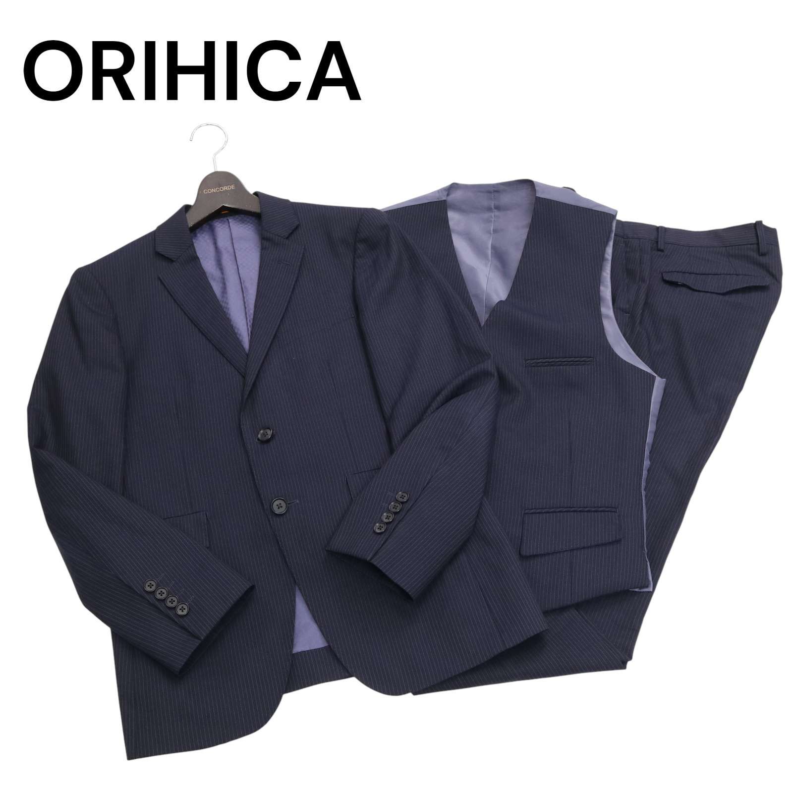ORIHICA オリヒカ 通年 ストライプ 3ピース セットアップ スーツ リバーシブル ベスト Sz.Y5 メンズ ネイビー ビジネス