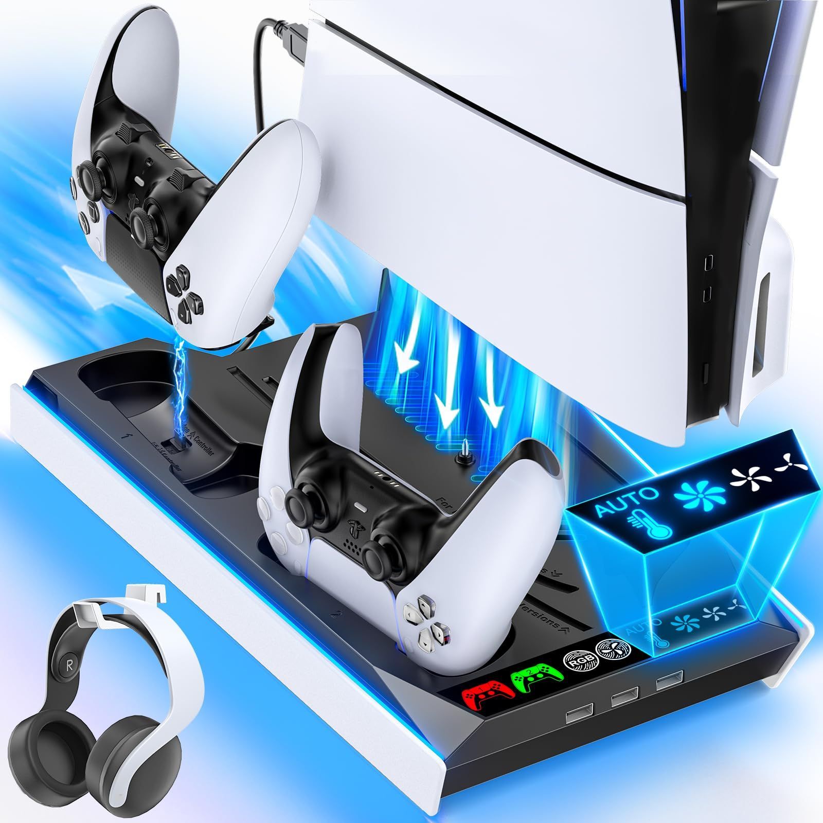 PS5 Slim|PS5 Pro|PS5対応 PS5 Slim 縦置き 冷却 スタンド 自動|手動モード3段階風速調整 PS5 コントローラー 充電器 2台同時充電 充電指示ランプ付 PS5|PS5スリム|PS5プロ対応 PS5 周辺機器