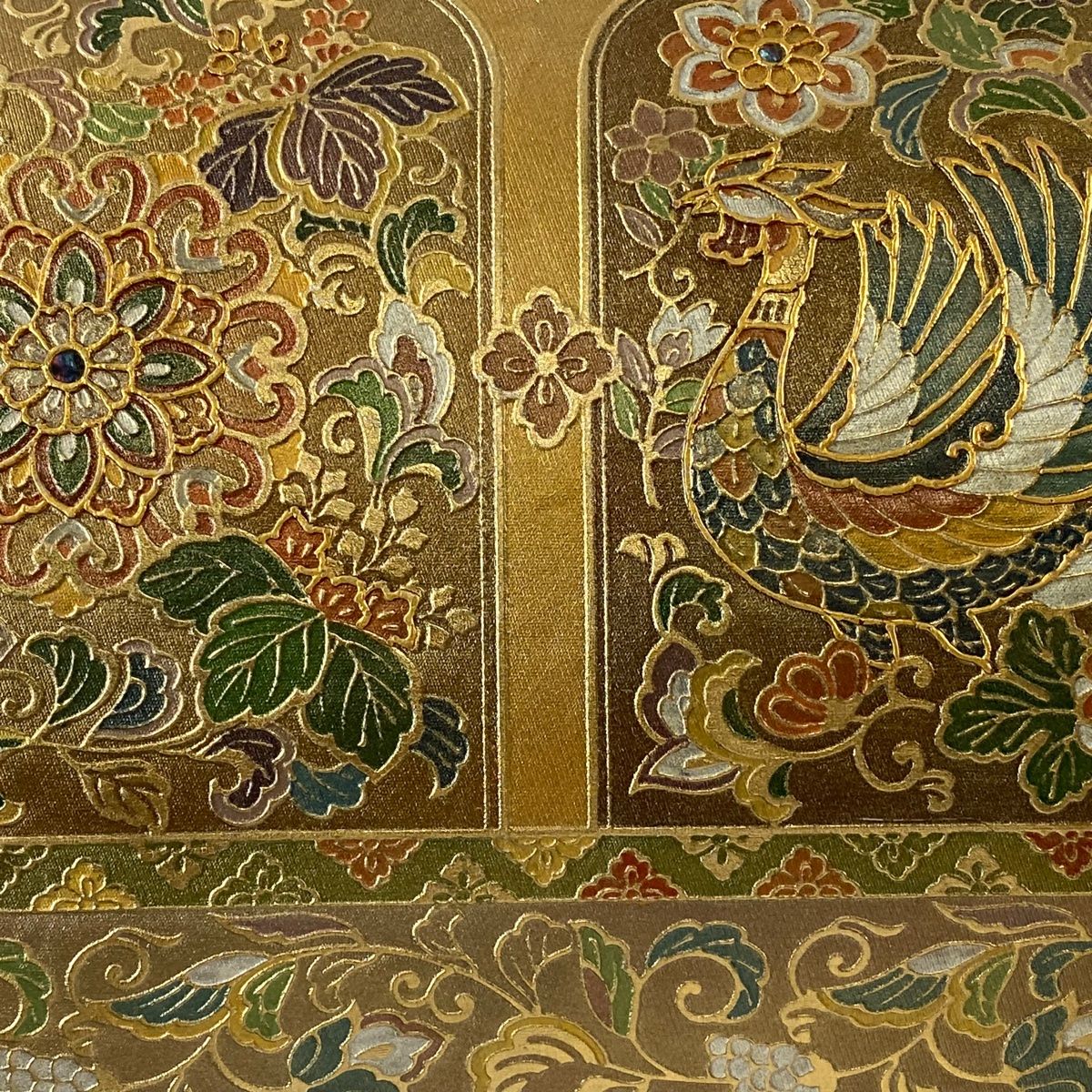 清潔な 袋帯 秀品 華文 向かい鳥 金銀彩 オレンジ お太鼓柄 正絹