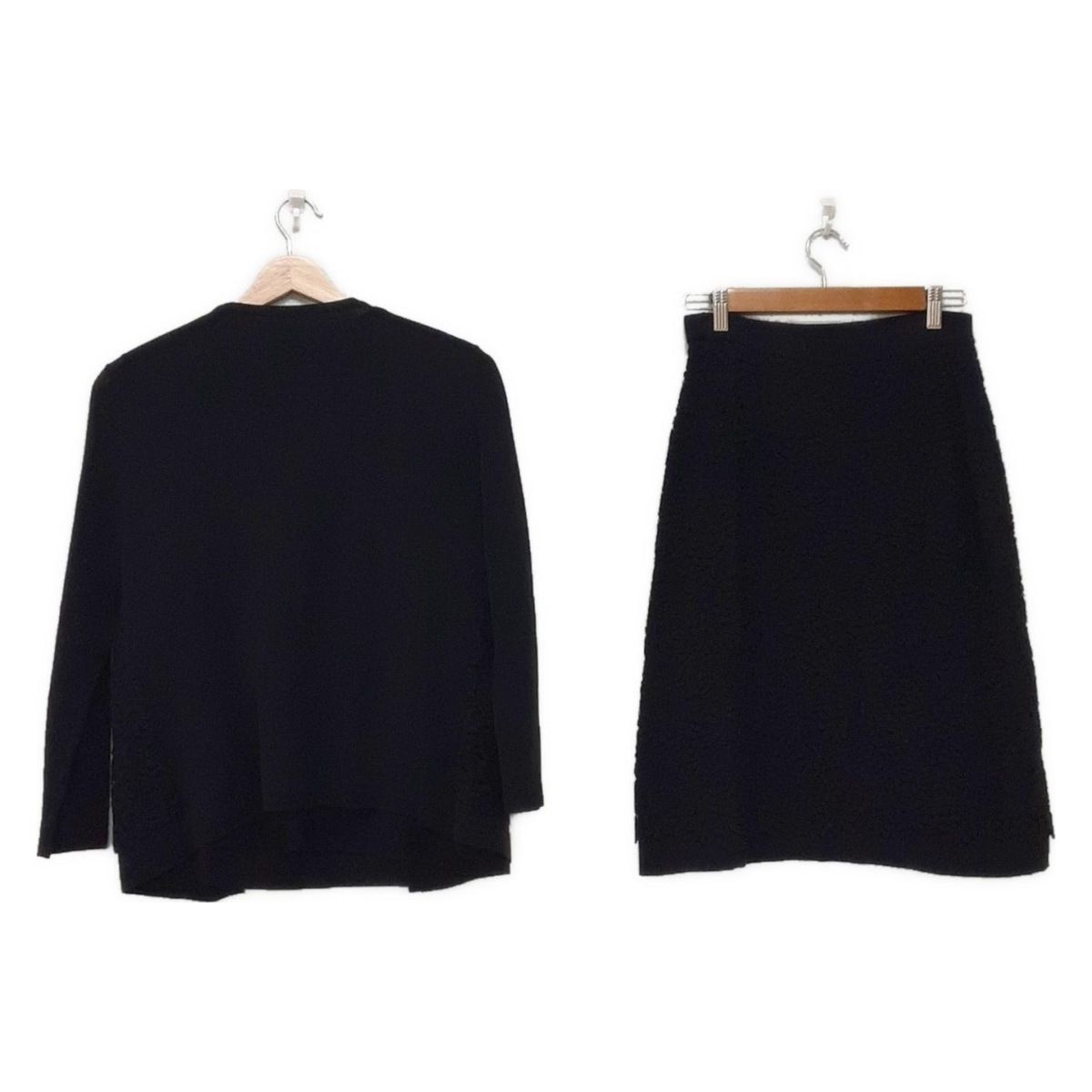 ハナエモリ スカートセットアップ レディース - 黒 麻混 カーディガン ノースリーブトップス スカートセット フラワーレース 三点セット