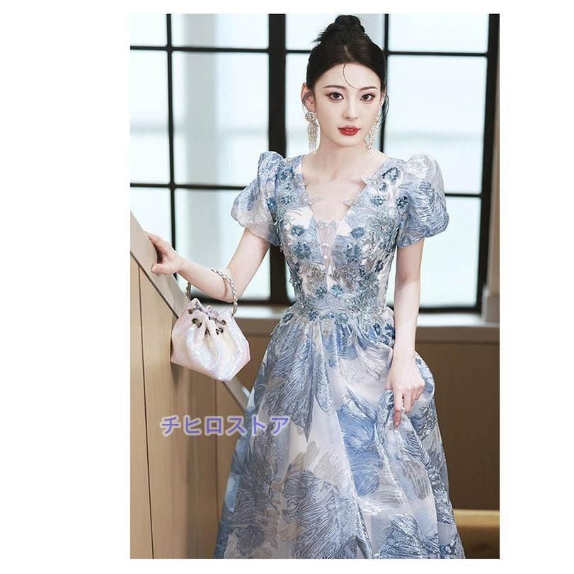 ロングドレス 演奏会 ピアノ 発表会 キラキラ スパンコール 花刺繍 花柄 レース ブルードレス 袖あり 5分袖 フェミニン エレガント大きいサイズ MAAHADDERANG_COM