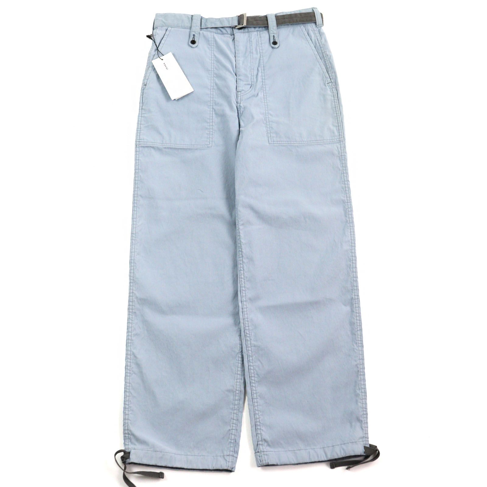 【ドンドン見直し】美品Sacai サカイ 23SS 23-03049M コットン100% ロゴ金具付き ベルテッド ストレートレッグ used加工 製品染め パンツ ライトブルー 2 日本製 正規品 メンズ