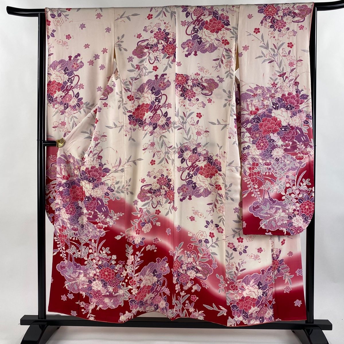 振袖 身丈156cm 裄丈64cm M 袷 檜扇 草花 金彩 ぼかし ピンク 正絹 秀品