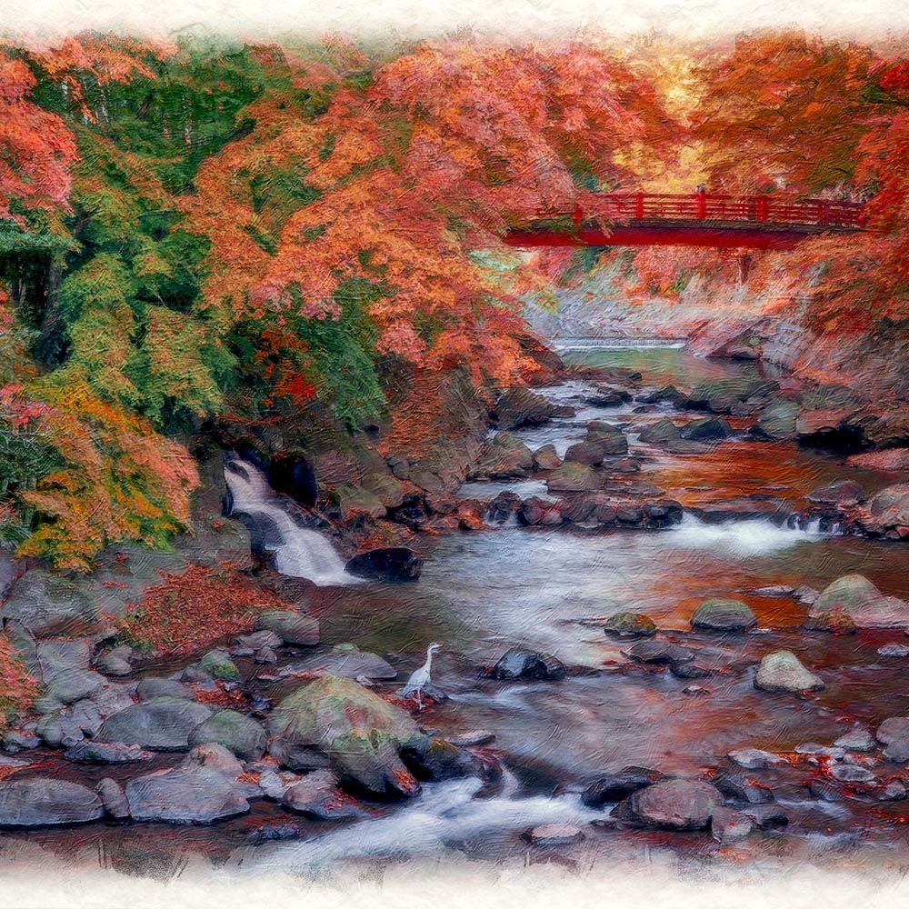 和紙ちぎり絵 貼り絵 山の風景 紅葉 額装 壁掛け インテリア アート 風景画 和紙の絵写真 「青鷺と紅葉の赤い橋」 平面額縁付き 32x23cm 絵画