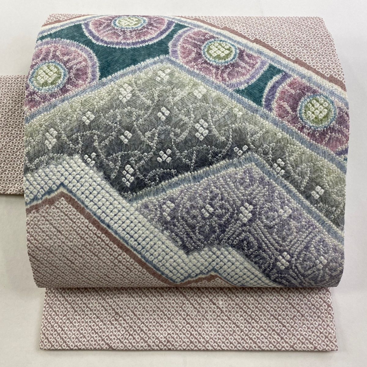 名古屋帯 丸文 幾何学模様 総絞り 薄小豆 正絹