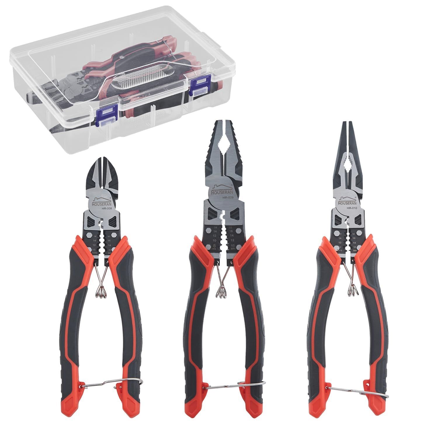 HOUSERAN ペンチ 3点セット 多機能 工具セット ニッパー ラジオペンチ 強力ペンチ ワイヤーカッター ばね付き ロック付き 電工 ケース付き
