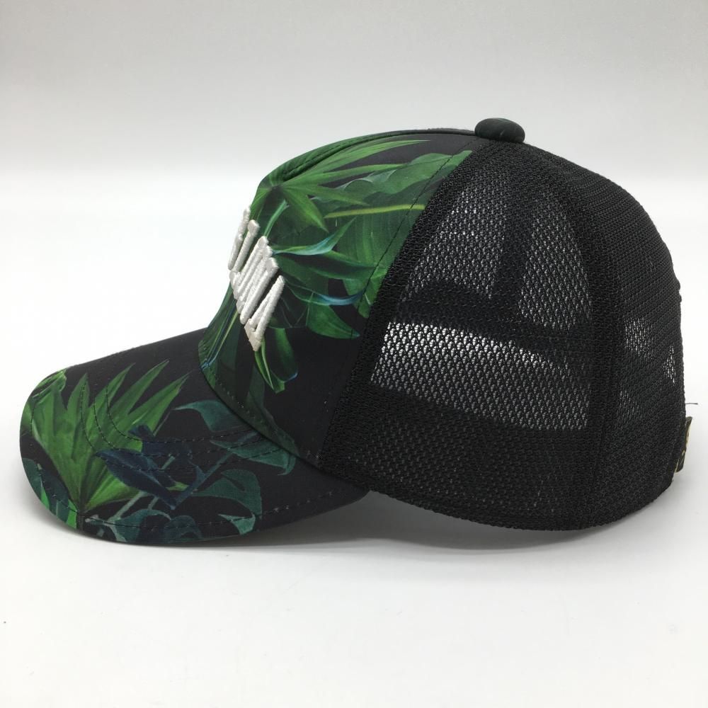 超 マークアンドロナ メッシュキャップ 黒×グリーン リーフ柄 立体ロゴ S ゴルフウェア MARK＆LONA