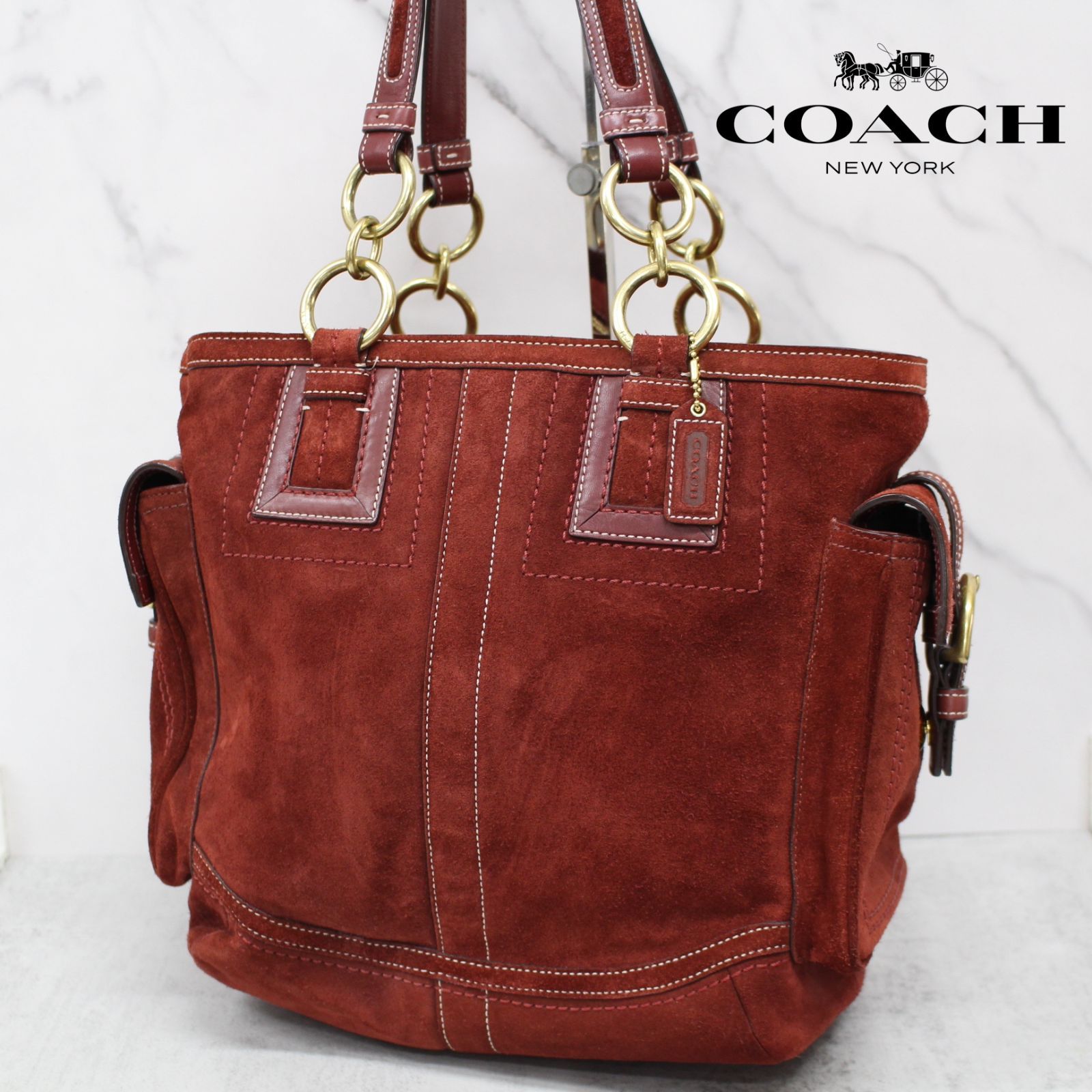 S106)COACH スエード トートバッグ レッド 赤 10084 ゴールド金具 