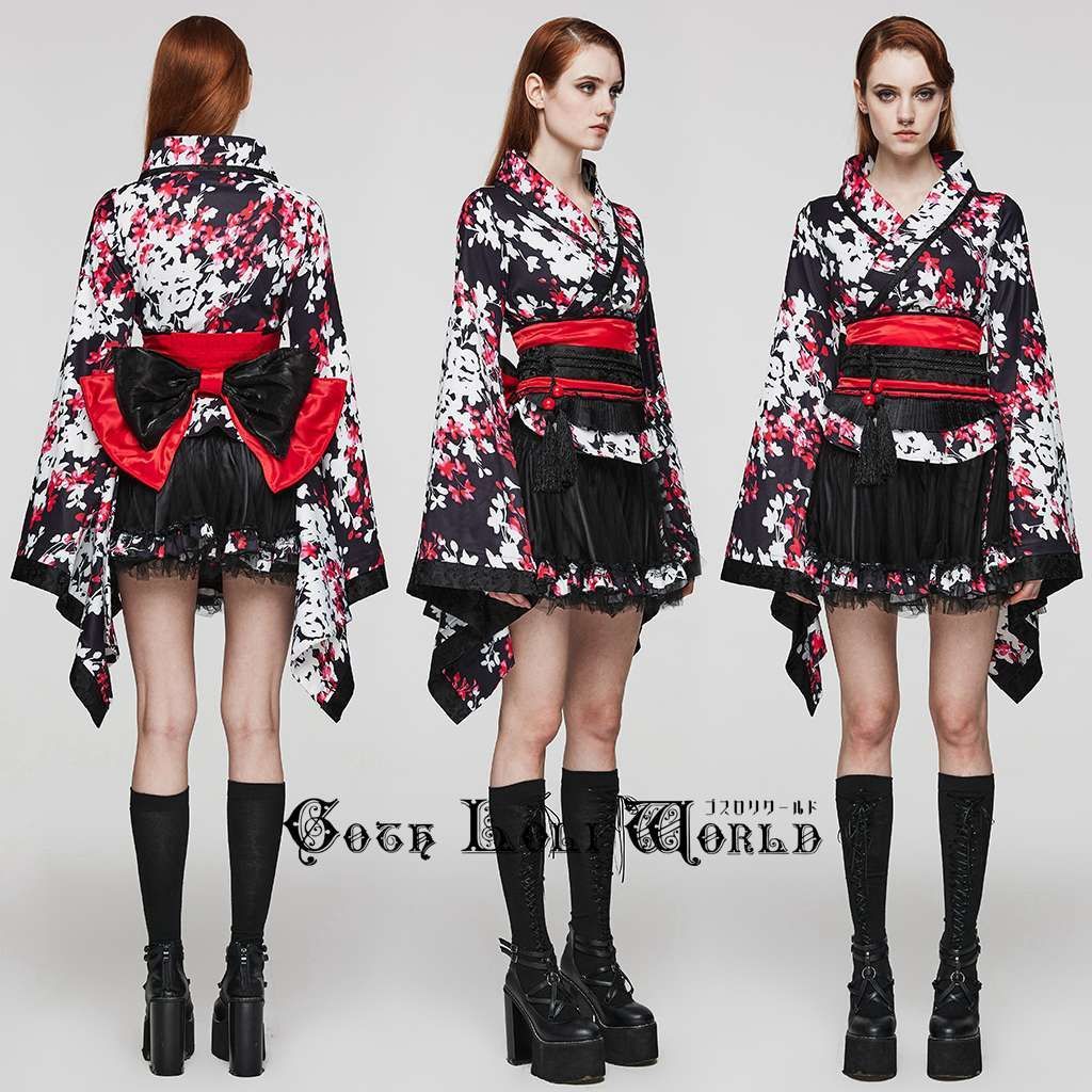 WLQ-001LQF-BK-WH 黒地紅白花柄ミニ丈4ピース和風 着物 浴衣 ドレス