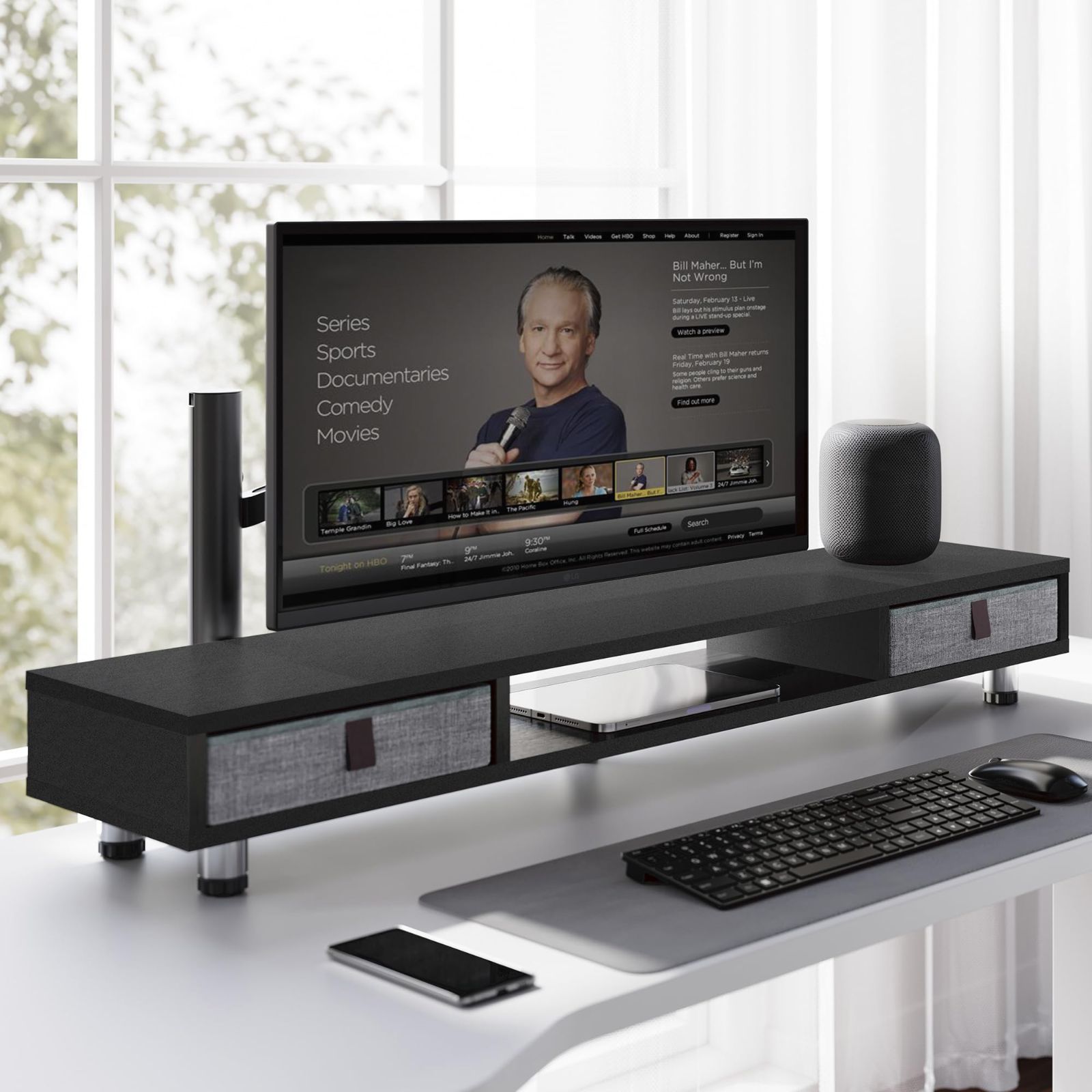 収納 卓上 卓上 パソコンラック pcモニター台 机上台 机上台 整理整頓 モニタースタンド モニタースタンド 高さ調整 引き出し付き 木製天板 2段 木目黒G04D2102B 108cm横幅 机上ラック パソコン台 モニター台 Fenge