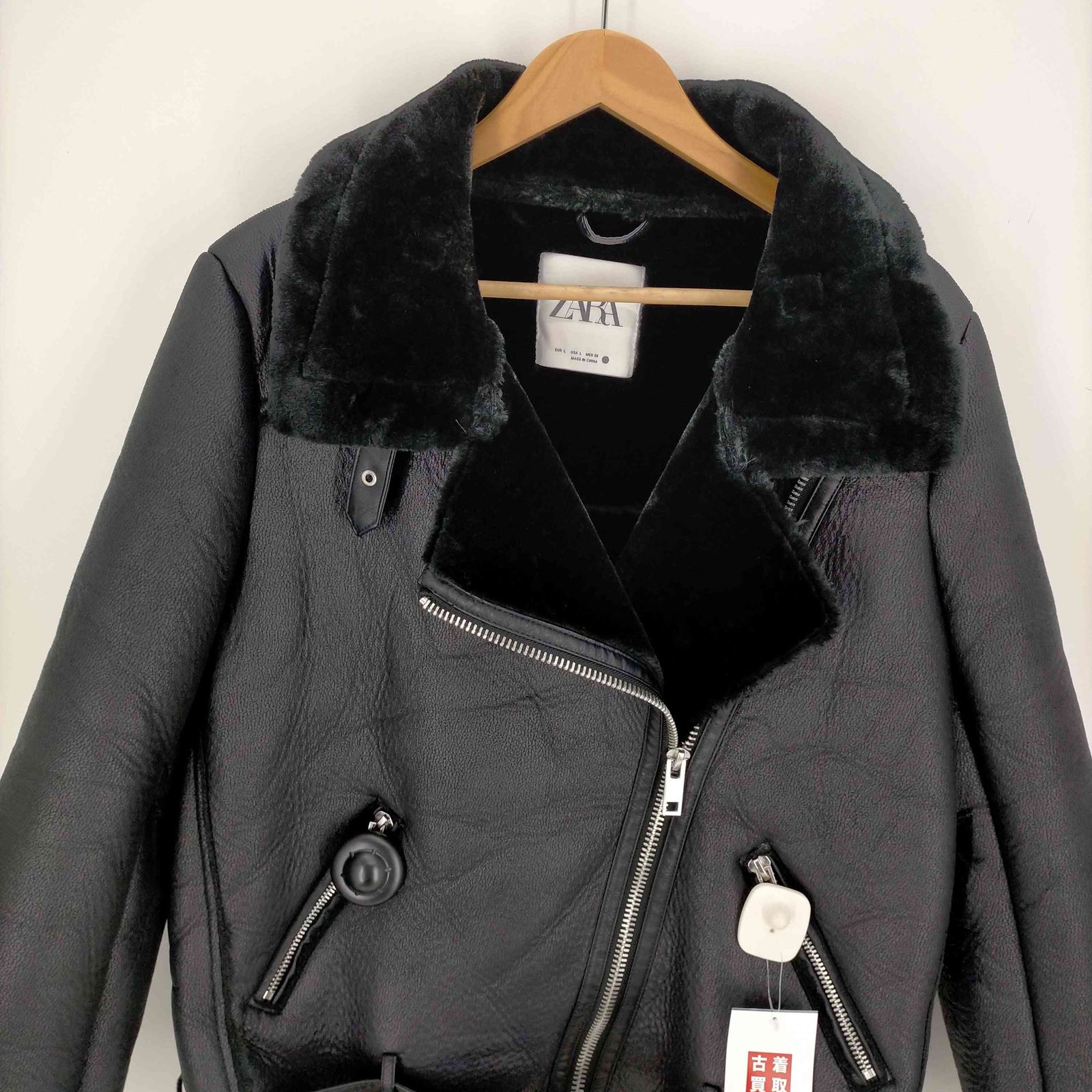 ザラ ZARA 黒 フェイクムートン ボア ダブルライダース