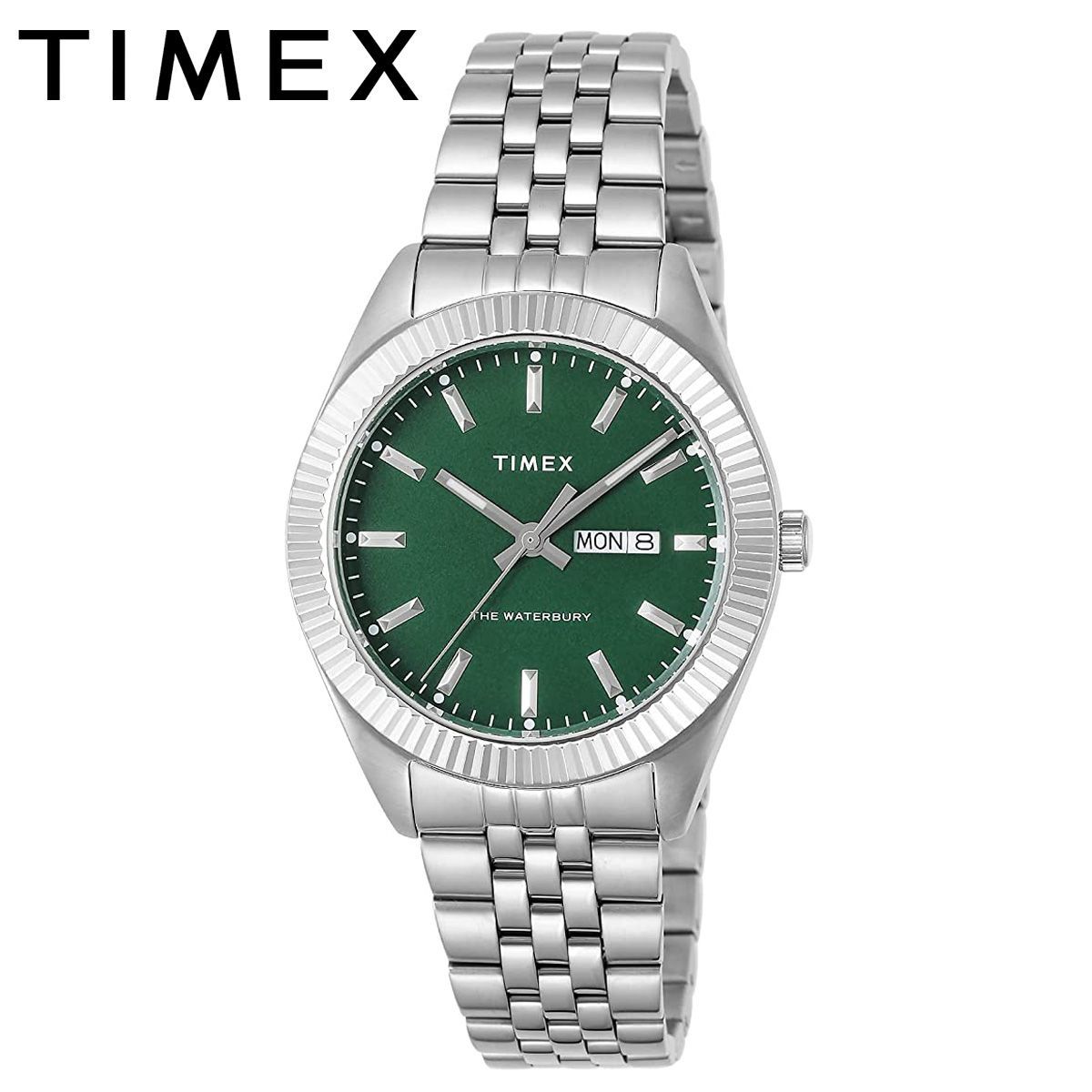 TIMEX Waterbury Legacy タイメックス ウォーターベリー レガシー グリーン 緑 メンズ 男性 時計 TW2V18100 ビリヤードグリーン 曜日 日付 カレンダー アナログ ステンレス ブレスレット ギフト プレゼント