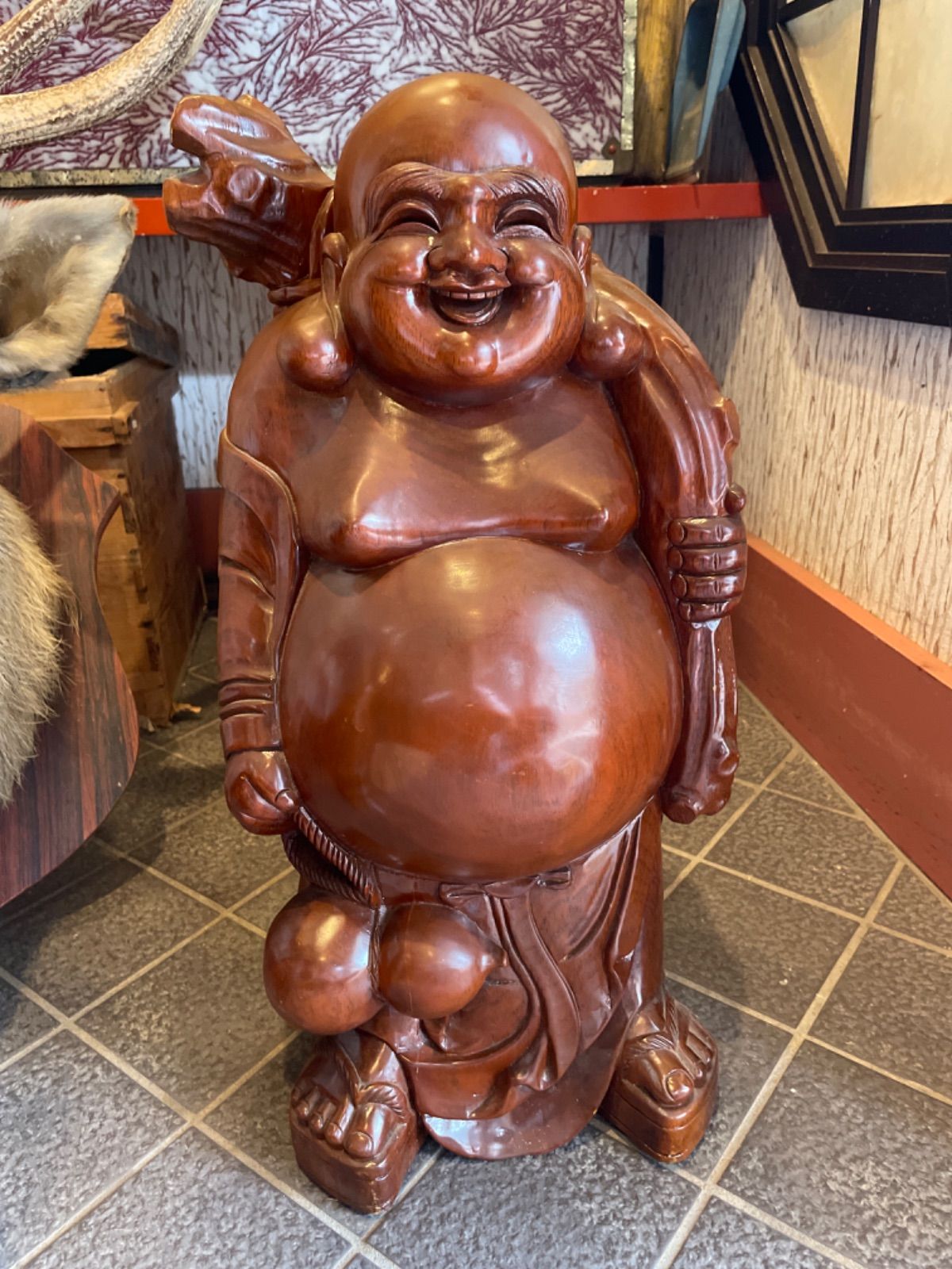 開運 縁起物 七福神 一刀彫 木製 布袋様 置物 飾り 昭和レトロ
