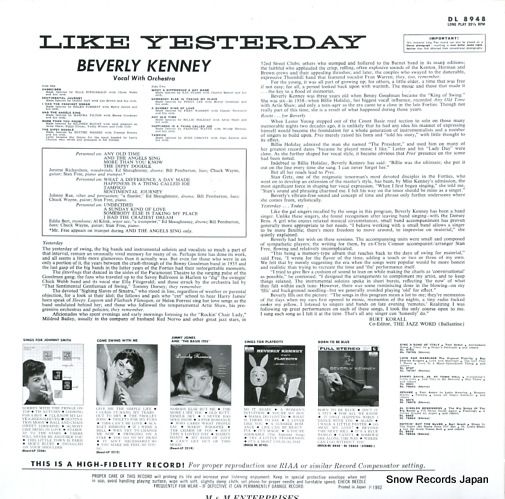 レコード】ビヴァリー・ケニー ライク・イエスタデイ DL8948 レコード】ビヴァリー・ケニー ライク・イエスタデイ DL8948