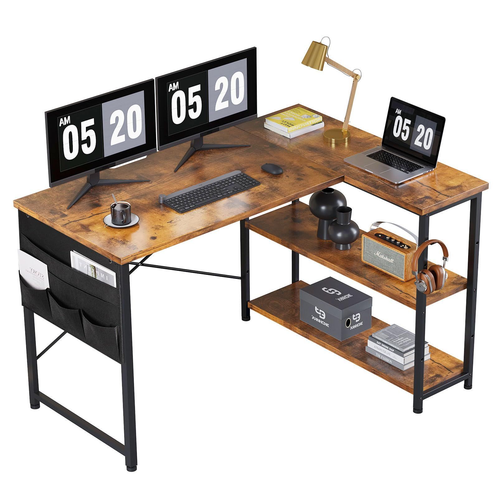 【在庫セール】hc ban コーナーデスク 収納袋付き勉強机 pcデスク l字デスク ワークデスク ゲーミングデスク desk computer 幅107cm 本棚付きデスク 右棚左棚 子 学習机 ビンテージ 机 パソコンデス