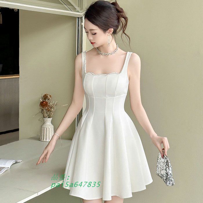 スクエアネック胸元ビジュー ノースブショートフワンピース 白 キャバ スナック ラウンジ レディース パーティー 韓国 pai5a647835