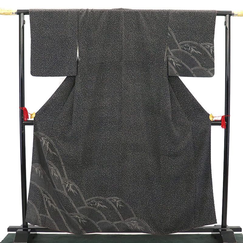 付下げ 袷 レディース 正絹 黒 霰文 笹 垣根柄 身丈163cm 裄丈66cm パーティ Mサイズ相当