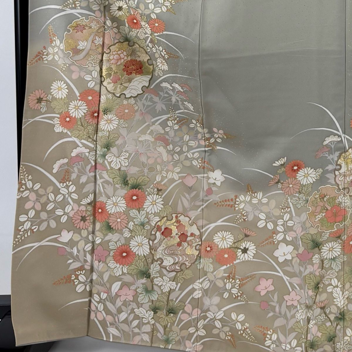 訪問着 身丈168.5cm 裄丈66cm M 袷 雪輪 秋草 金糸 金彩 灰緑 正絹