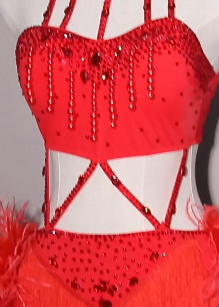 ラテンワンピースドレス 社交ダンス衣装 フリンジ レッド オーダー