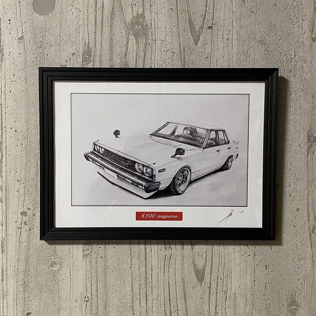 日産 ニッサン スカイライン ジャパン 4ドア 前期 鉛筆画 名車