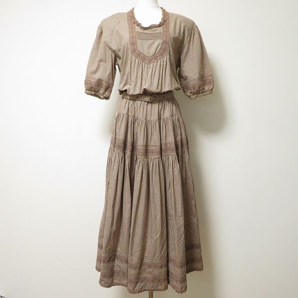 snc カネコイサオ KANEKO ISAO ワンピース 茶 ベージュ 半袖 ギンガムチェック レース ロング フ ベルト付き レディース 954547