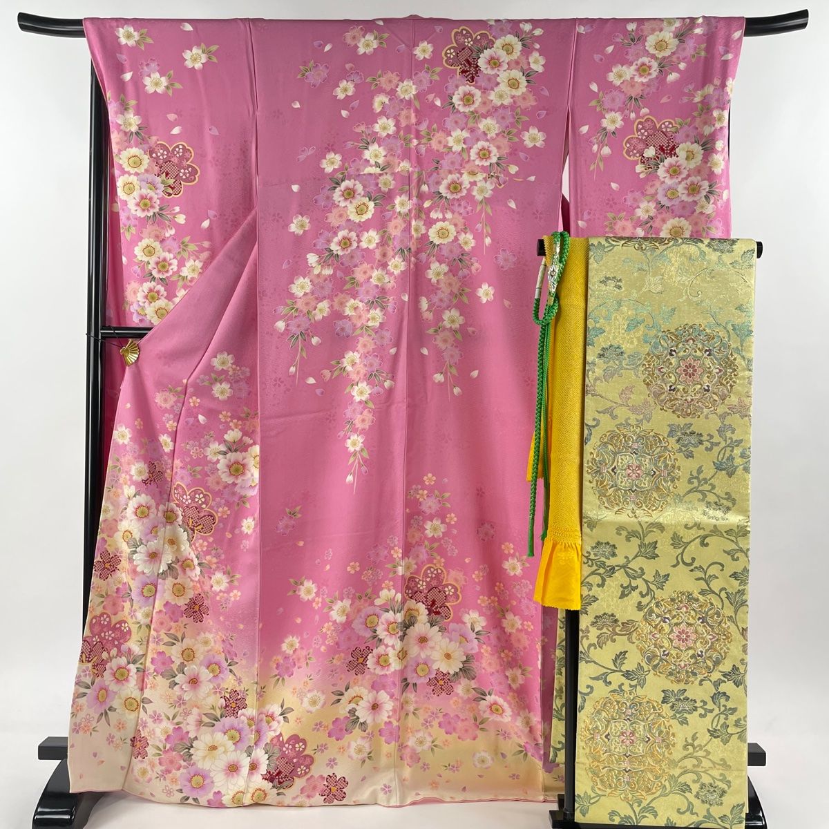 振袖 身丈168cm 裄丈69.5cm L 袷 袋帯フルセット 桜 花びら 箔 金彩 ピンク 正絹 名品