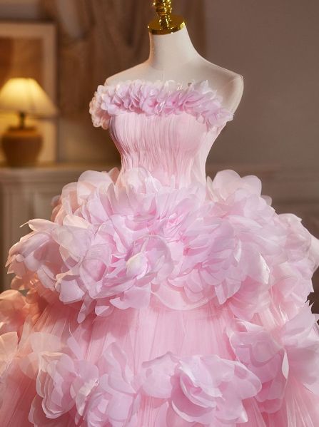 ピンク パフスカート ロングドレス 抹胸デザイン 感 ウェディング 成人式 撮影用 旅撮り パーティー エレガント 無袖