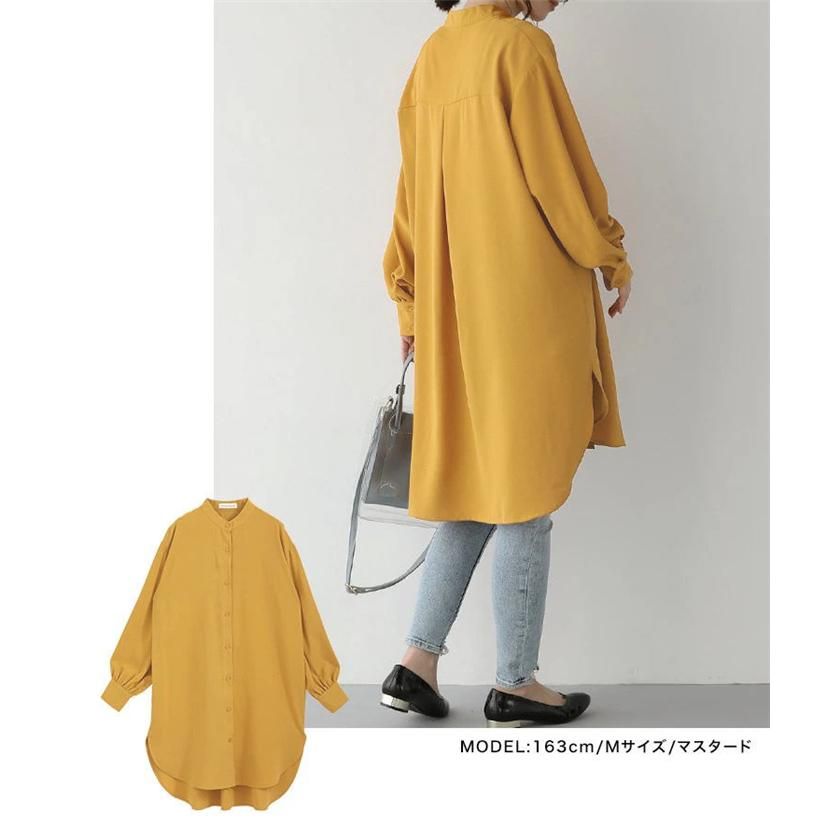ブラウス チュニック ワンピース レディース バンドカラー チュニックブラウス ロングシャツ 長袖 シャツ ロング 羽織 ラウンドヘム ス スリット ブラウス チュニック ワンピース レディース バンドカラー
