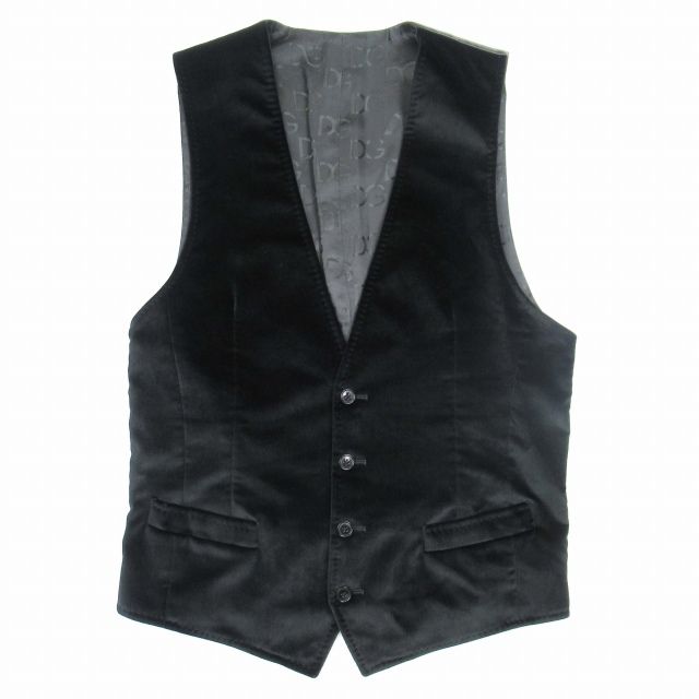 美品 ドルチェu0026ガッバーナ ドルガバ DOLCEu0026GABBANA ベルベット × ラムスキン ジレ ベスト 切替 DGロゴ裏地 羊革 48 黒 ブラック/N21/メンズ/EK1