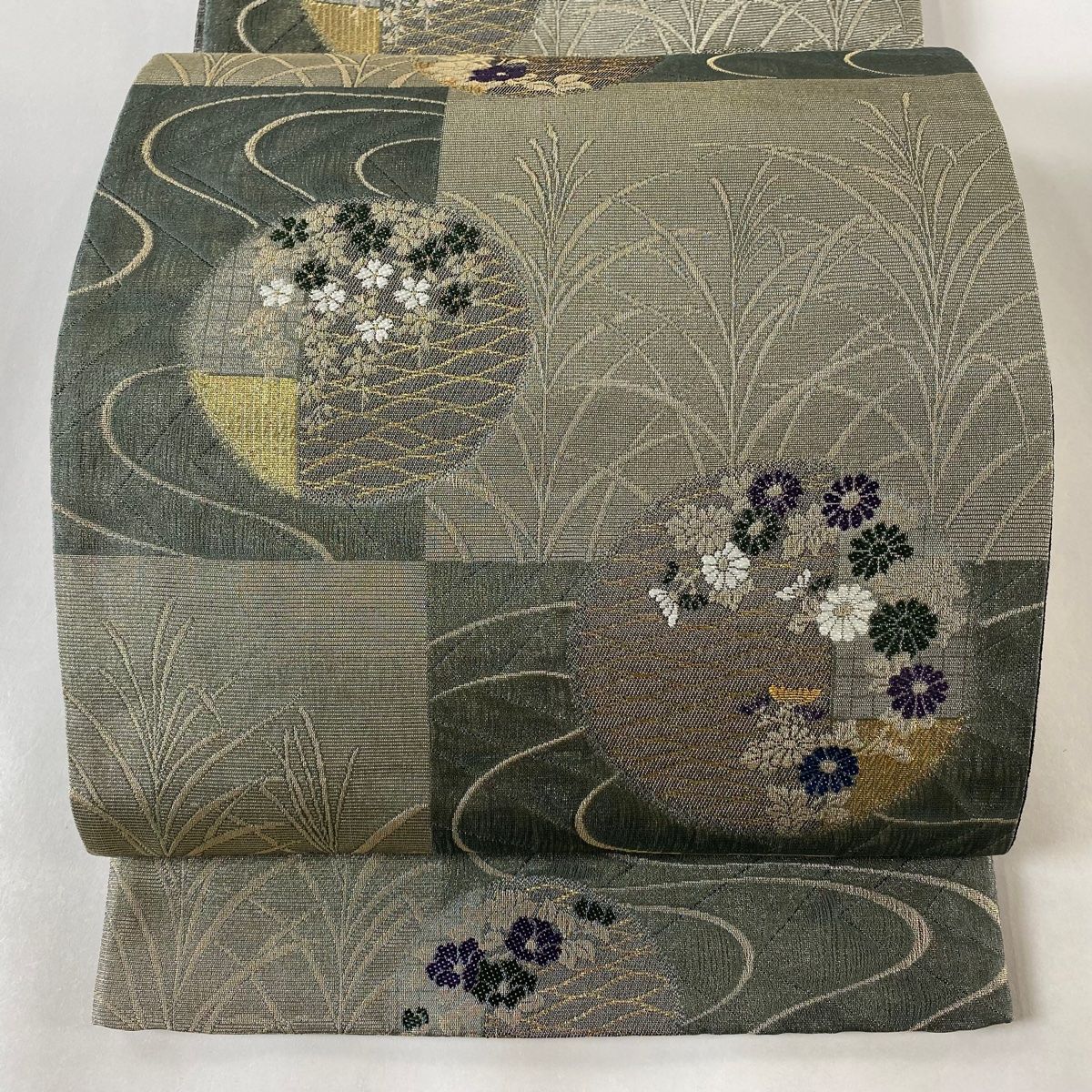 袋帯 美品 逸品 千地泰弘 夏帯 市松模様 丸文 金銀糸 箔 灰緑 六