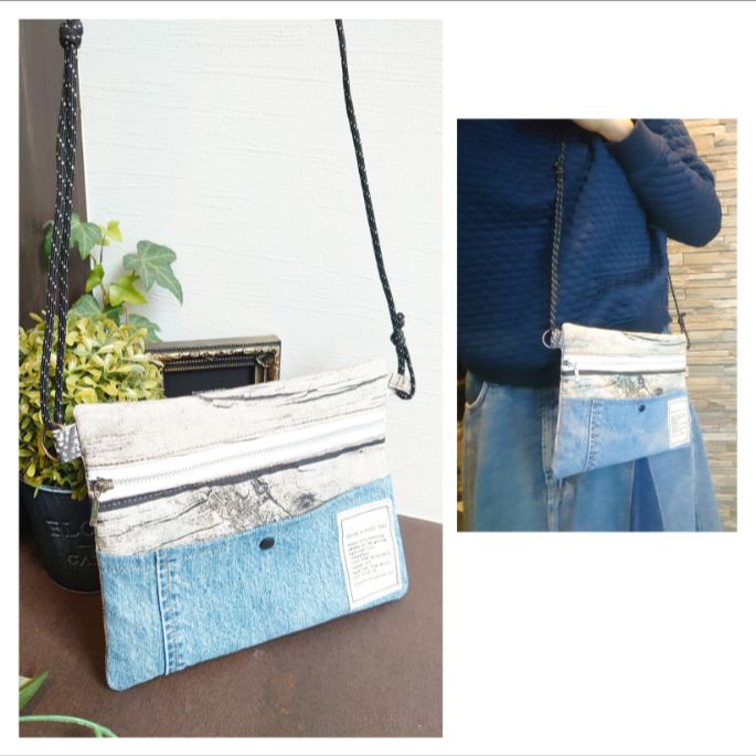 No.68 【リメイクデニム サコッシュ♪】木目調🎄🎄×デニムリメイク  