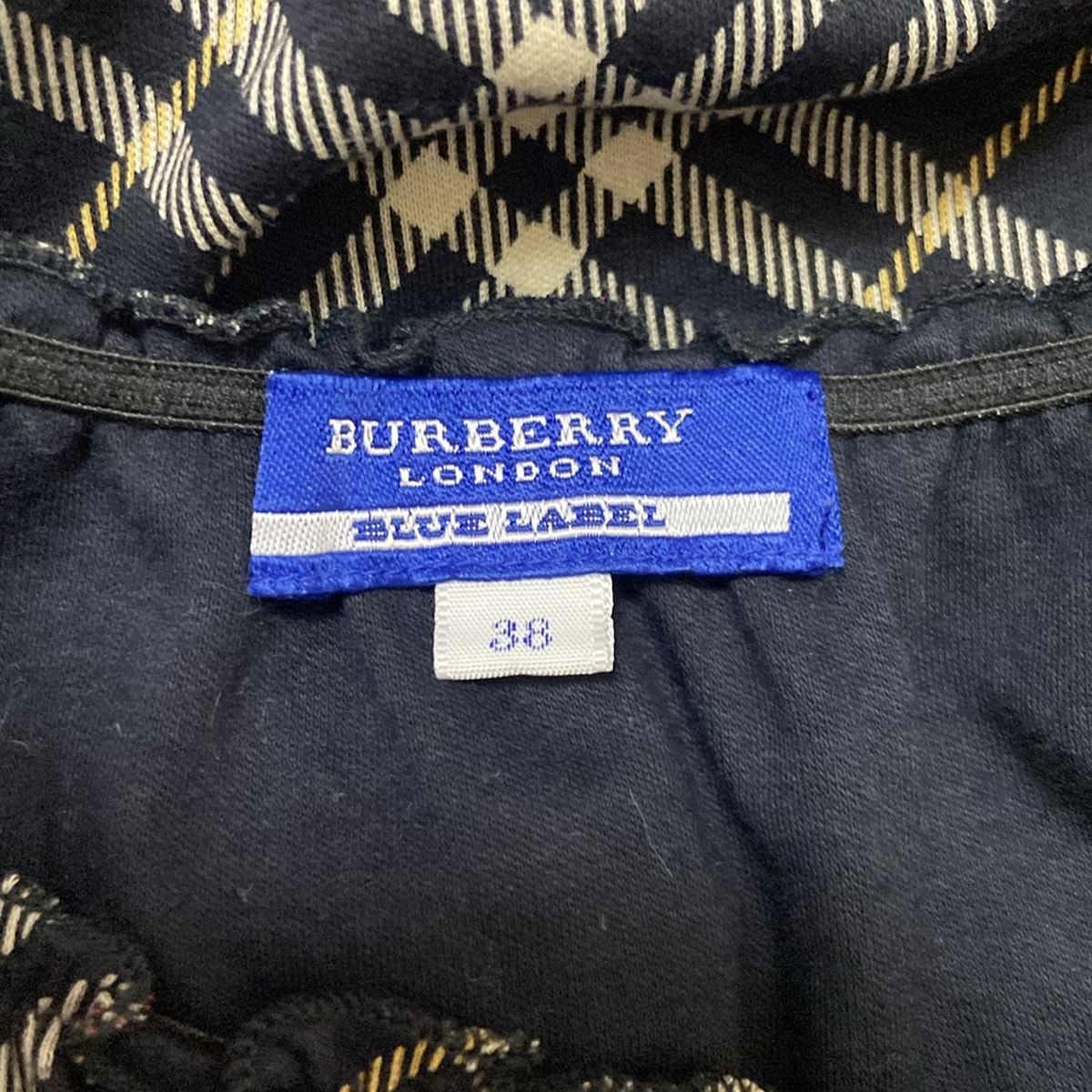  バーバリーブルーレーベル 半袖カットソー サイズ38 M レディース - ダークネイビー×ベージュ×マルチ クルーネック チェック柄 リボン 半袖(Tシャツ) Tシャツ カットソー