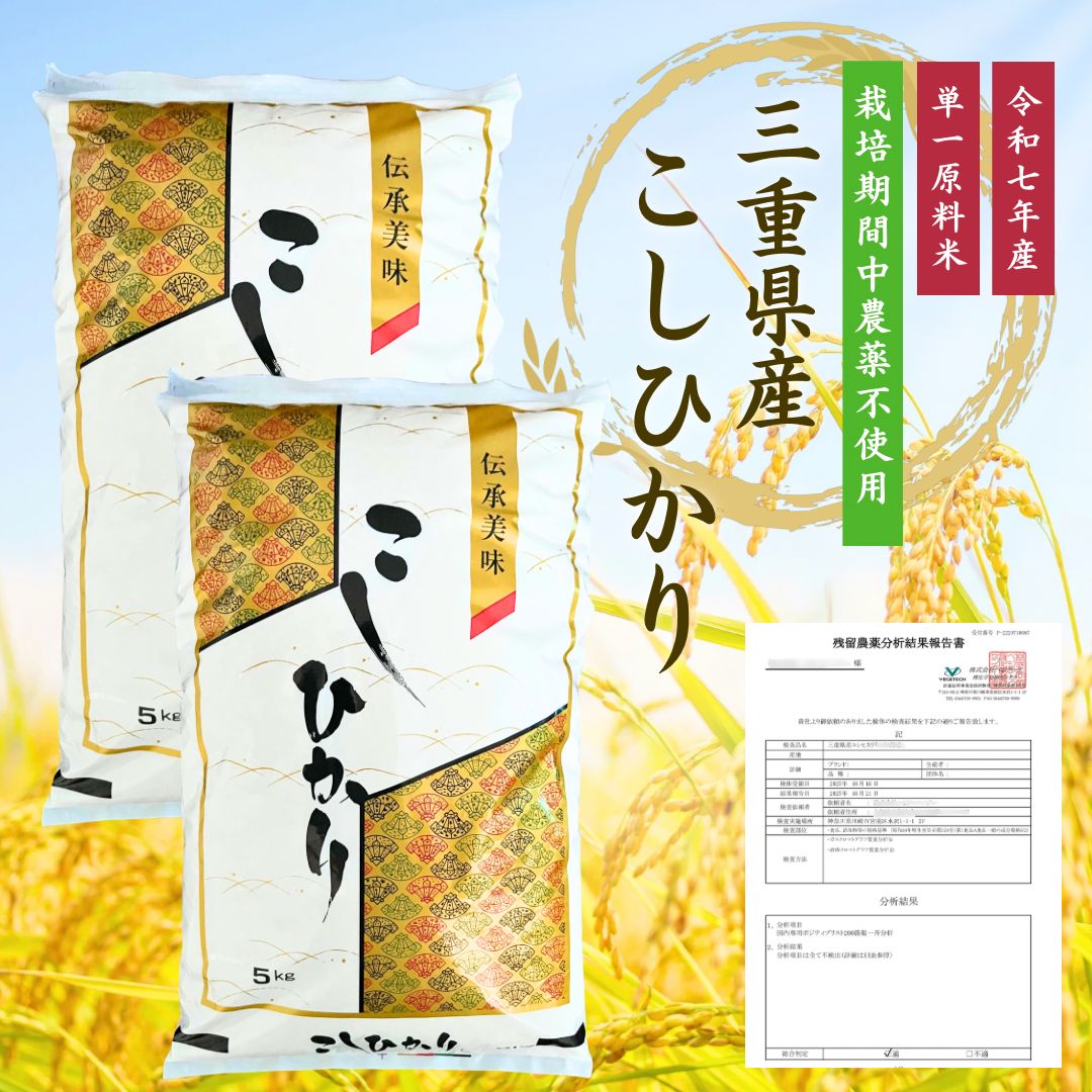 令和7年 新米 三重県産 こしひかり 5kg×2袋 10kg 栽培期間中 農薬不使用