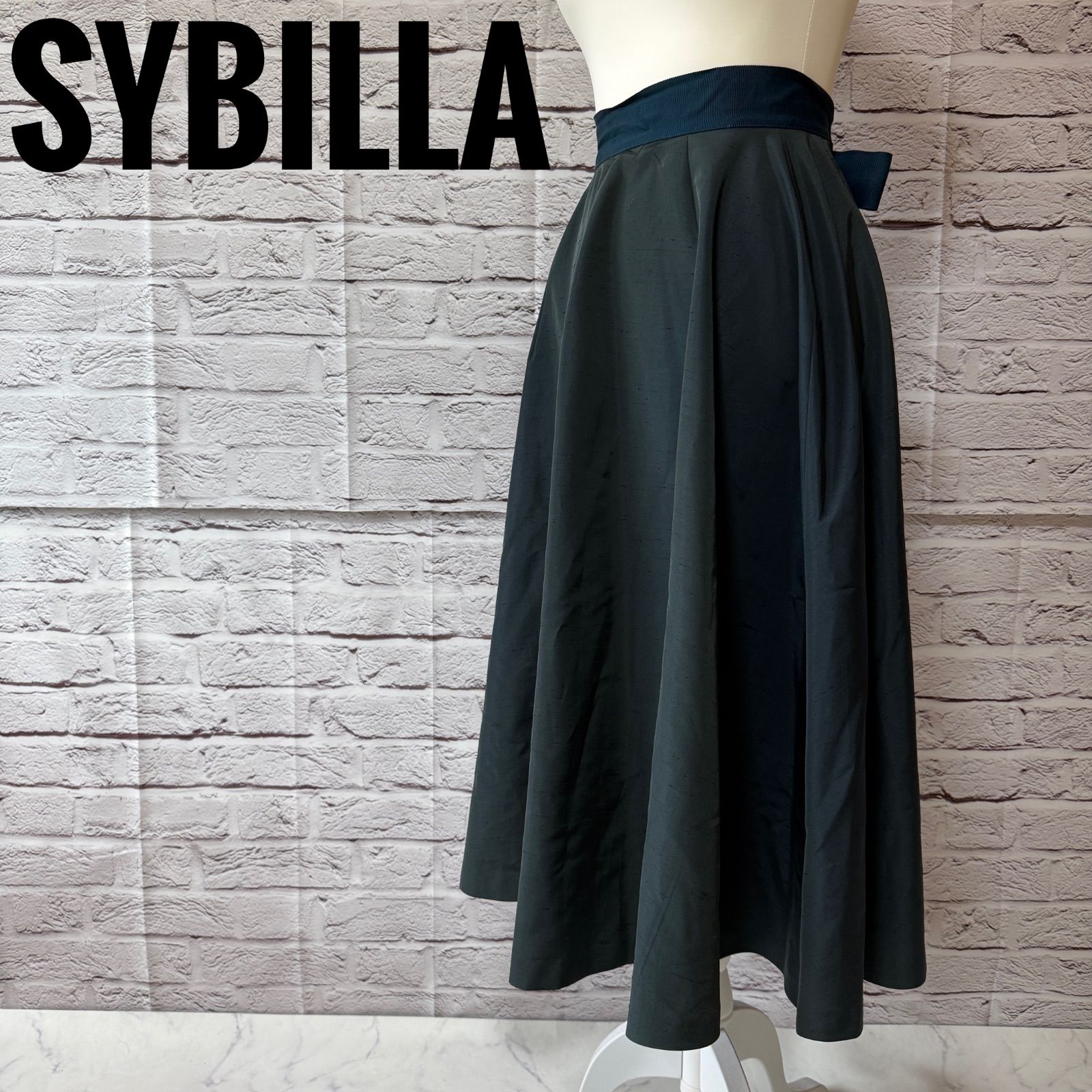 SYBILLA】シビラ リボン付き ロング丈 フレアスカート グリーン系 