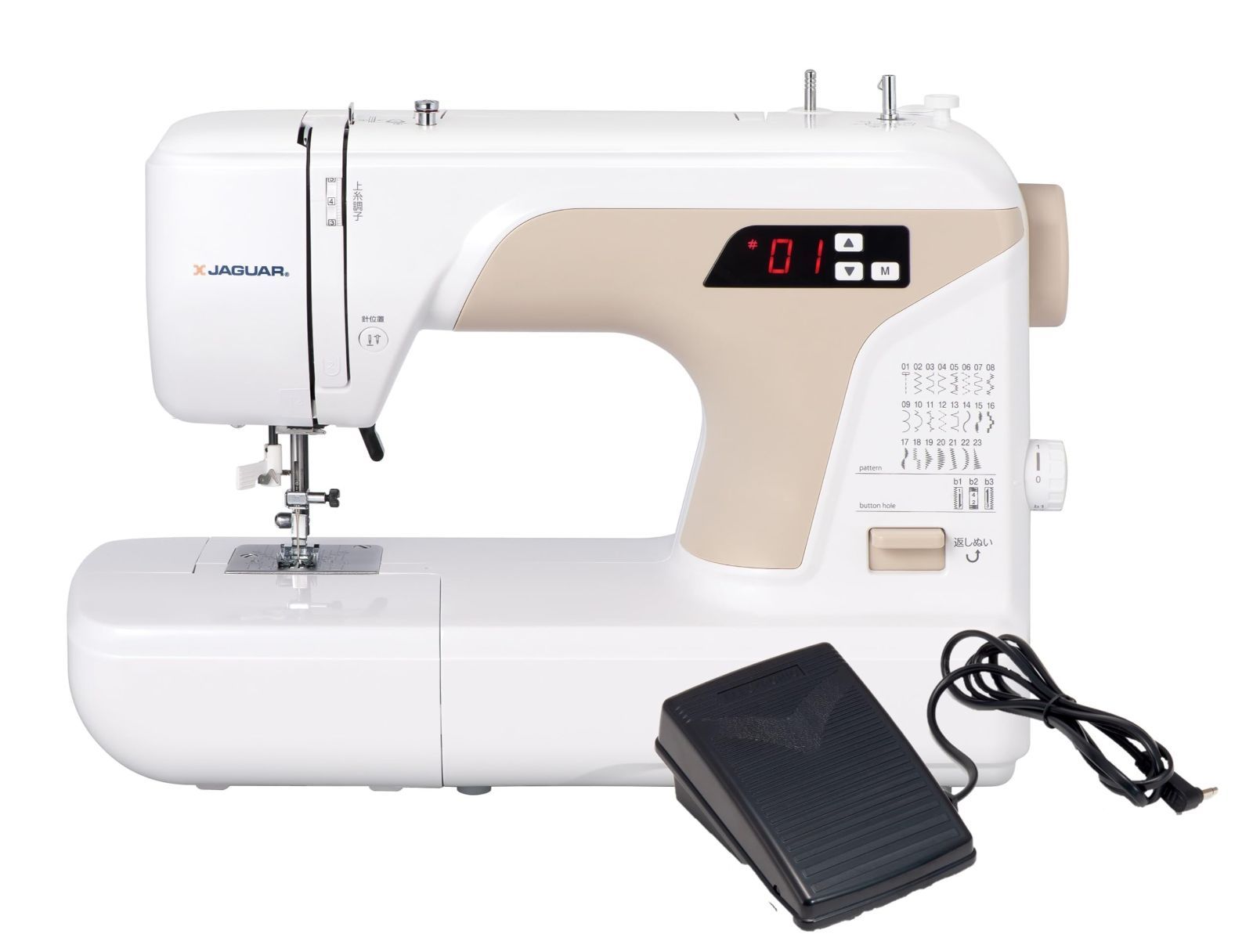 ジャガー コンピューターミシン フットコントローラー操作 自動糸通し器付き 縫い模様24パターン ホワイト KJM-3102|W