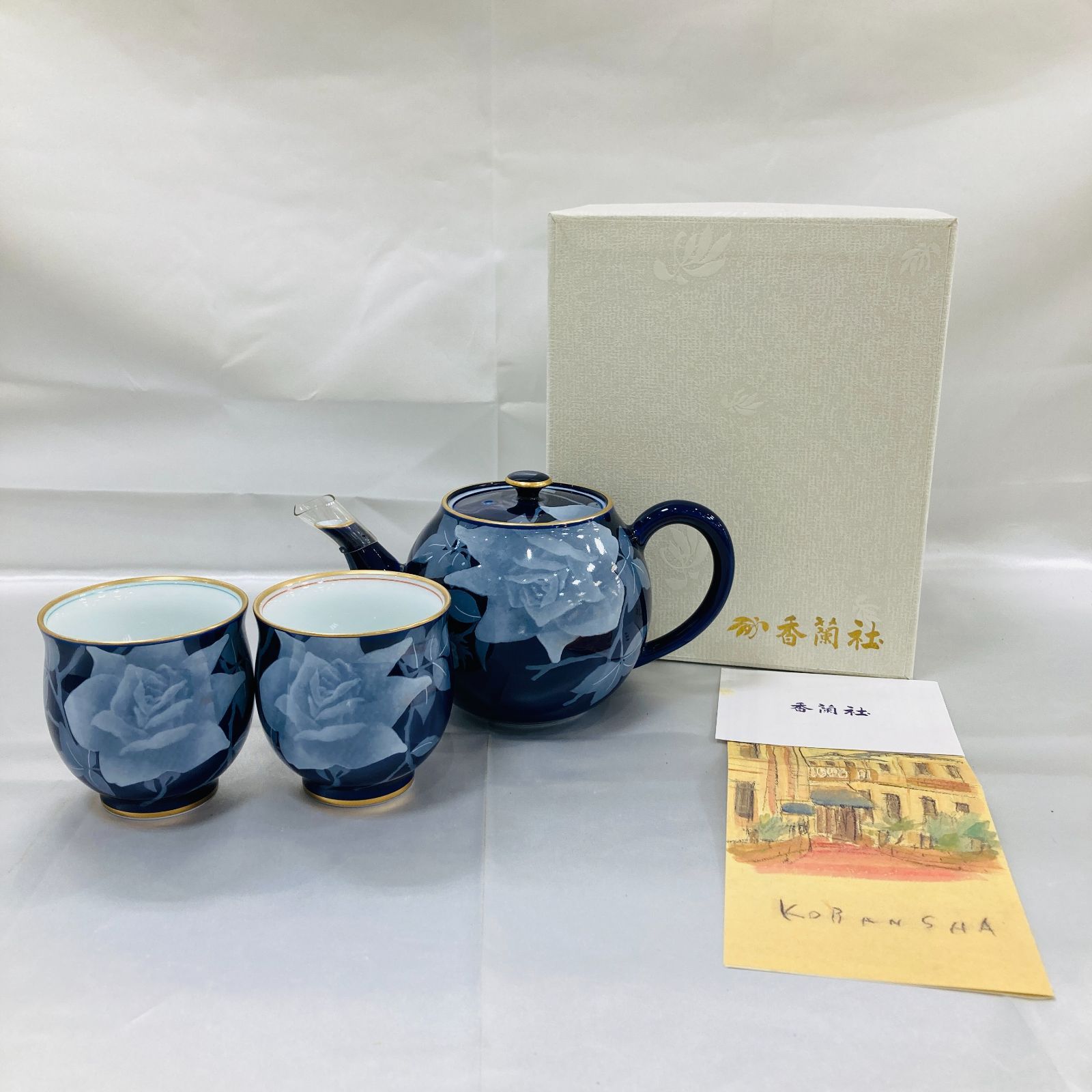 未使用 香蘭社　ルリ白ばら 蓋付き茶器揃　急須 湯呑5個　箱入り 香蘭社 (コウランシャ) 蓋付茶器揃 ルリ白ばら 急須1・湯呑み5