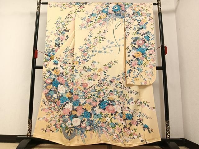 平和屋着物●豪華振袖 友禅 作家物 枝花文 正絹 AABB3628ph