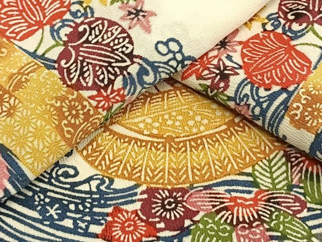 平和屋着物▽上質な小紋 単衣 型染め 風景草花文 正絹 逸品