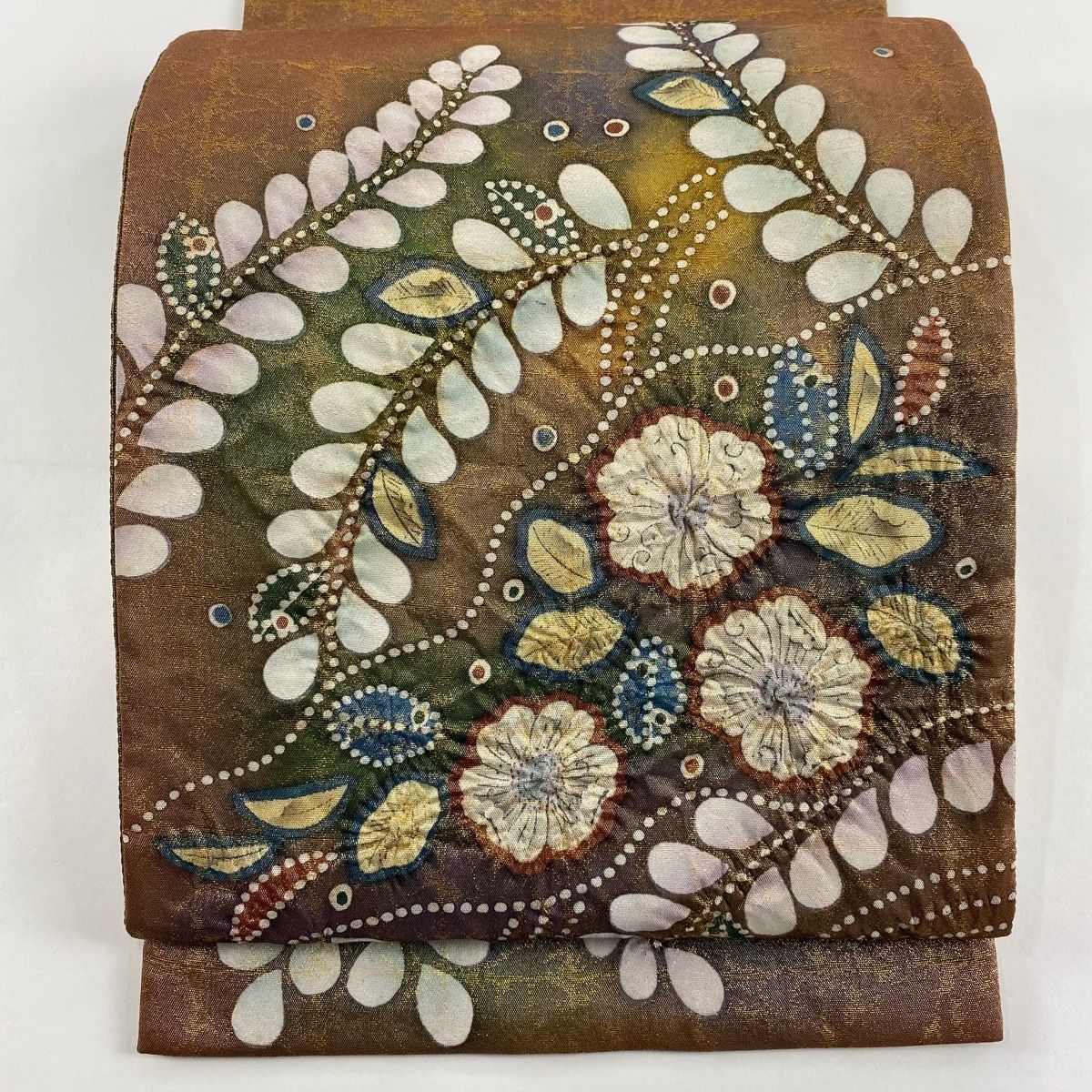 袋帯 美品 名品 落款 辻が花 金糸 箔 茶色 お太鼓柄 正絹 【中古